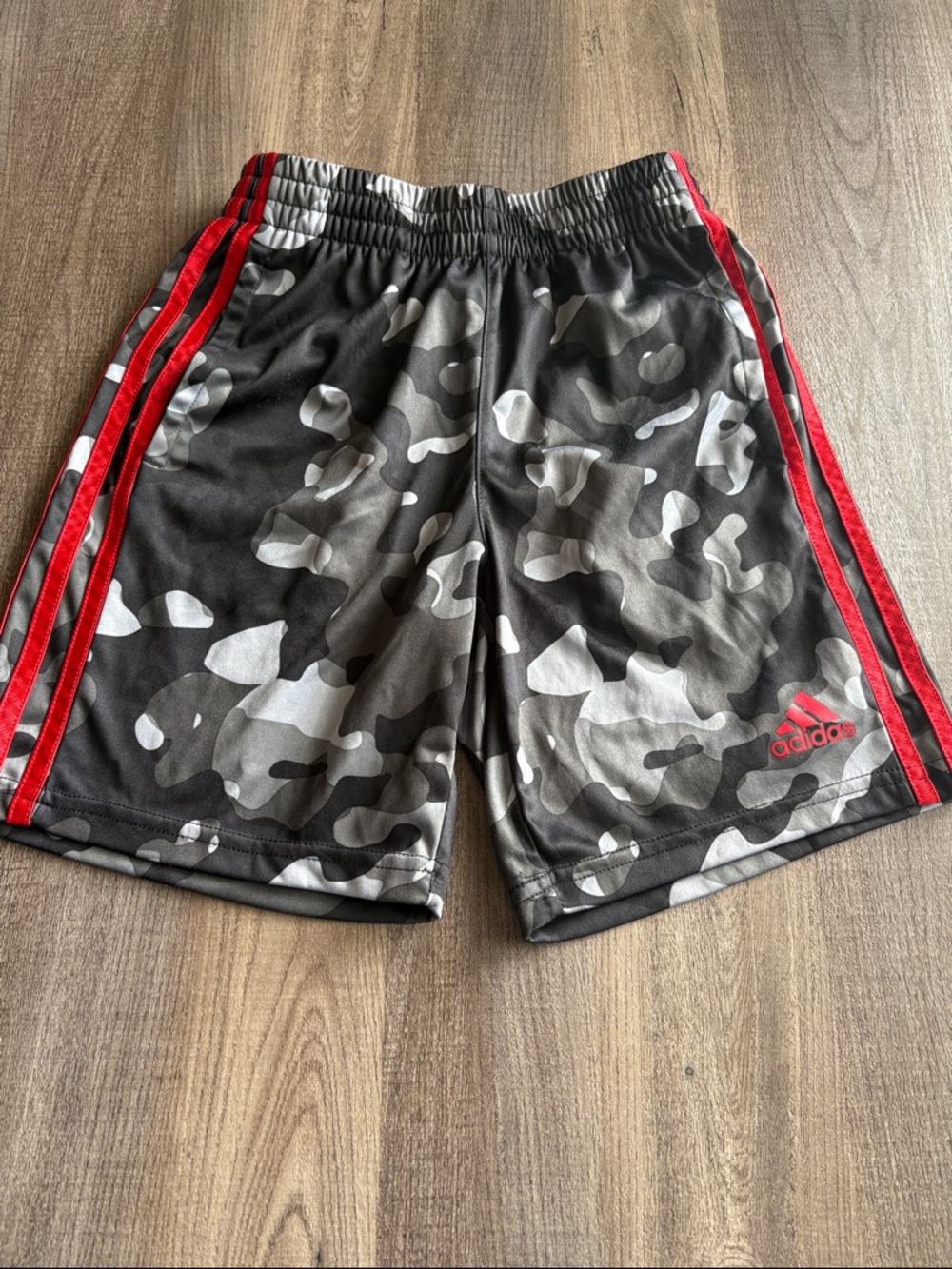 Adidas Boys grey Camo Athletic Shorts with Red Stripes